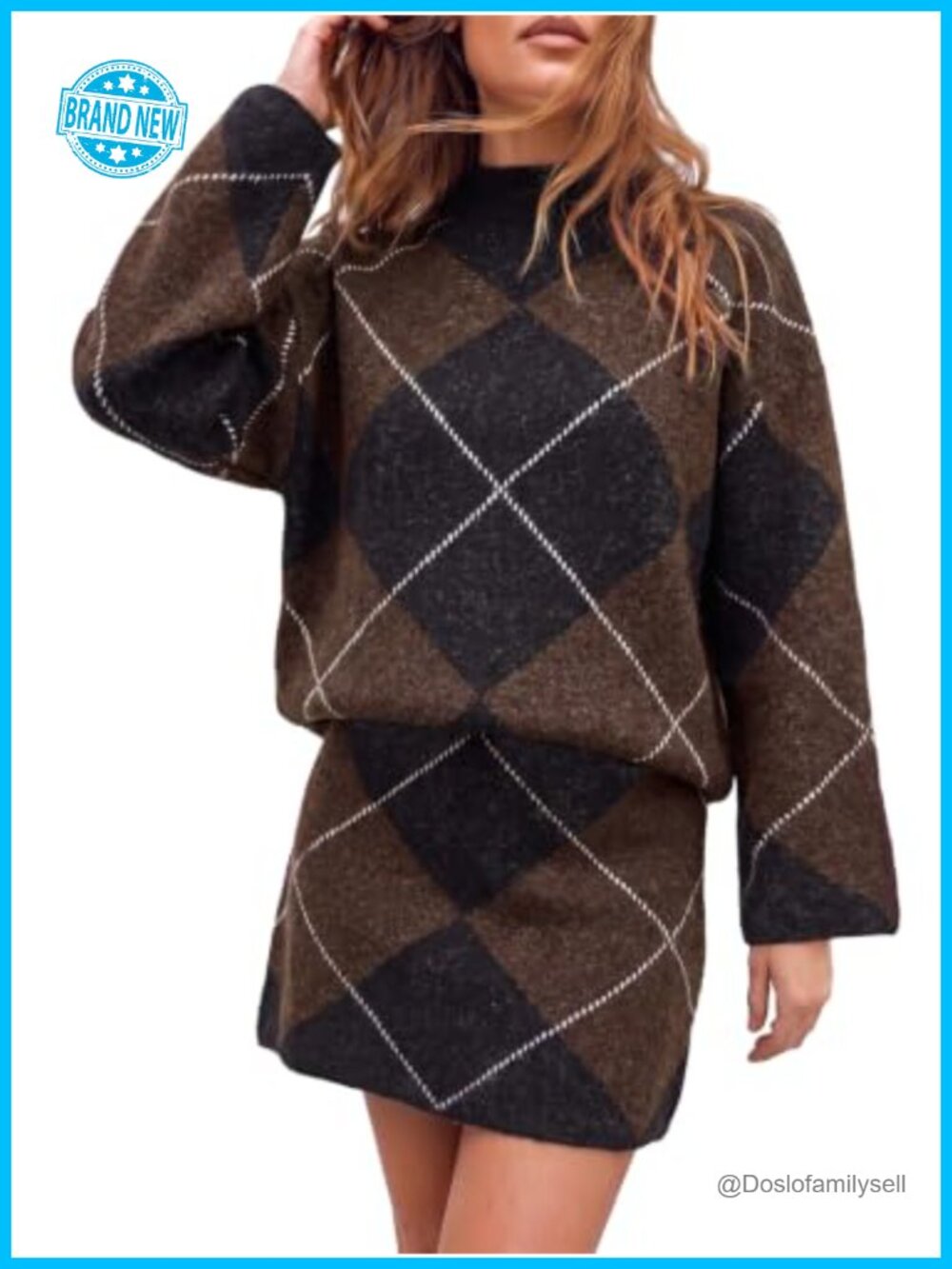 Faux Cashmere Argyle Knit 2 Piece Sweater Skirt Set Turtleneck Mini